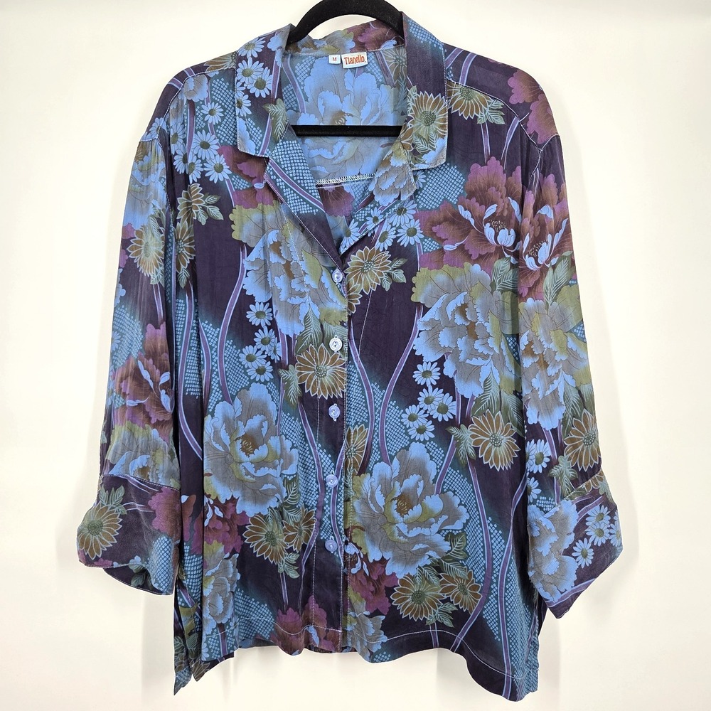 Tianello Vintage Blouse M Garment Dyed Blue Watercolor Floral Rayon USA